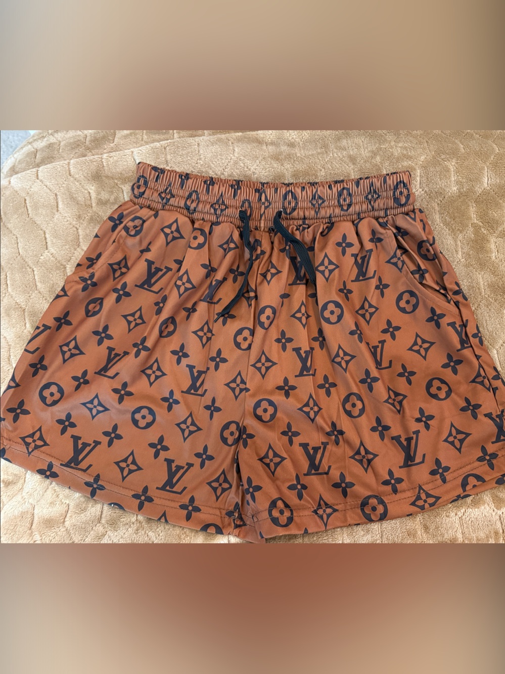 Designer-Style Brown Monogram Athletic Shorts for Women